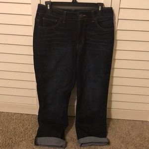 Calf length blue denim jeans